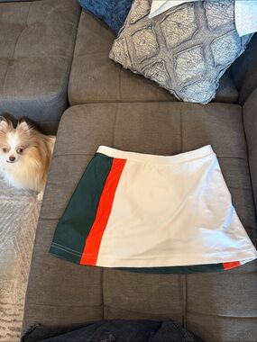 Sporty White Skort with Green and Orange Side Panels (Pomeranian not included)